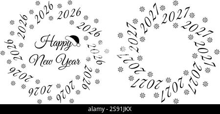 Happy New Year 2026 und 2027 Circle Frames Schriftzüge, Schneeflocken und Kopierraum Vorlage Ideenset 2. Isolierte Vektor-Illustration Grußkarte, Posting oder Web Promo Banner, Tag Holiday Design Konzept Stock Vektor