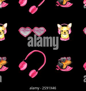 Nahtloses Aquarellmuster mit Hunden: chihuahua, Dackel und Kopfhörer, herzförmige Brille rosa Stockfoto
