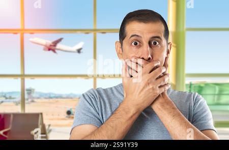 Schockierter Mann, der am Flughafen seinen Mund mit Händen bedeckt. Stockfoto