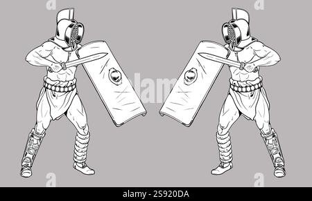 Gladiator Murmillo. Handgefertigte historische Zeichnung mit einem alten Kolosseum-Krieger. Stockfoto