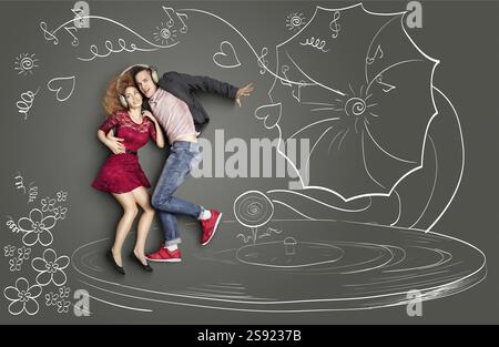 Happy Valentines lieben das Konzept eines romantischen Paares, das Kopfhörer teilt, Musik hört und auf einem Grammophon tanzt, gegen Kreidezeichnungen BA Stockfoto