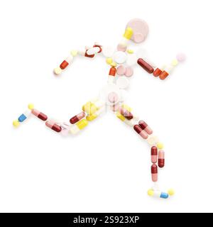 Dopingmittel und Pillen in Form eines Leichtathletikläufers auf der Bahn Stockfoto