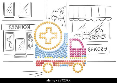 Kreatives Medizin- und Gesundheitskonzept von Pillen, Medikamenten und Medikamentenverabreichung per LKW, auf skizzenhaftem Hintergrund Stockfoto