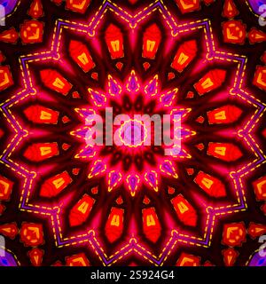 Ein einzigartiges Kaleidoskop aus einem Foto. Abstrakter Kaleidoskophintergrund. Wunderschönes psychedelisches Kreismuster. Mehrfarbige geometrische Textur Stockfoto
