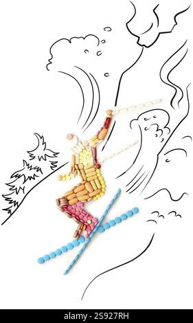 Dopingpillen und Drogen in Form eines professionellen Skirennläufers, der von einer Klippe springt Stockfoto