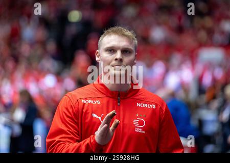 Herning, Dänemark. Januar 2025. Emil Bergholt aus Dänemark war vor dem IHF Handball-WM-Spiel der Männer 2025 zwischen Dänemark und der Schweiz bei Jyske Bank Boxen in Herning zu sehen. Stockfoto