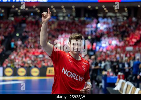 Herning, Dänemark. Januar 2025. Lukas Jorgensen aus Dänemark war vor dem IHF Handball-WM-Spiel der Männer 2025 zwischen Dänemark und der Schweiz bei Jyske Bank Boxen in Herning zu sehen. Stockfoto