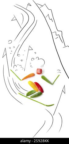 Obst und Gemüse in Form eines Slalomreiters, der zwischen Stangen fährt Stockfoto