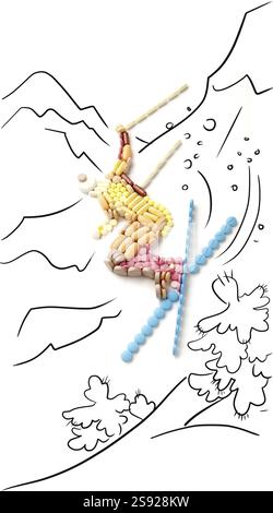 Dopingpillen und Drogen in Form eines professionellen Skirennläufers, der von einer Klippe springt Stockfoto