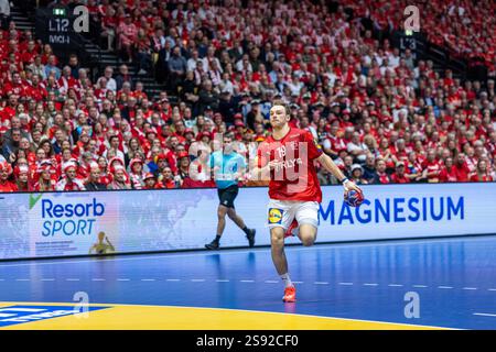 Herning, Dänemark. Januar 2025. Mathias Gidsel (19) aus Dänemark wurde 2025 beim IHF Handball-WM-Spiel der Männer zwischen Dänemark und der Schweiz bei Jyske Bank Boxen in Herning gesehen. Stockfoto
