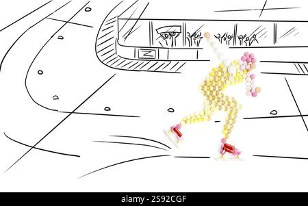 Dopingmittel und Pillen in Form eines Speedskaters während eines Wettkampfes auf dem Eis Stockfoto