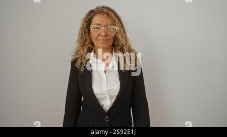 hispanische Frau mittleren Alters, isoliert vor weißem Hintergrund, mit Anzug und Brille Stockfoto