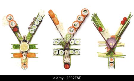 Kreatives Konzept Fotoset von Yen Sing Währung aus Sushi und Gemüse auf weißem Hintergrund. Ein Stillleben des Yen-Schildes aus Sushi Stockfoto