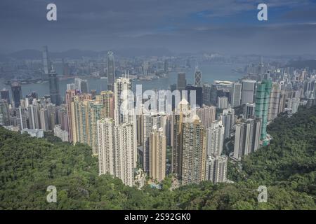 Stadtpanorama vom Victoria Peak, Hongkong, Volksrepublik China, Asien Stockfoto