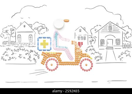 Kreative Medizin und Gesundheitskonzept von Pillen, Drogen Motorrad Lieferung, gemacht auf skizzenhaften Land Hintergrund Stockfoto