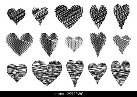 Hand gezeichnetes Herz Set Sammlung Scribble Marker Herzen isoliert auf weißem Hintergrund. Logosymbole mit schwarzen Vektorabbildungen für Druck, Schrottbuchung Stock Vektor