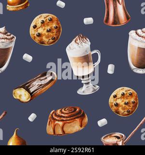 Nahtloses Muster mit Latte, Marshmallow, Schokoladeneklair, Keksen, Zimtbrötchen Illustration. Kaffee in einer Glasschale. Aquarellmalerei Stockfoto