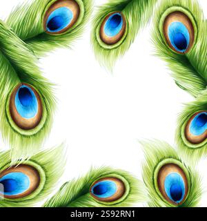 Rahmen mit Pfauenfeder, Vorlage. Aquarell realistische handgezeichnete Illustration isoliert auf Hintergrund. Clip-Art für Designer, Karten, Einladungen Stockfoto