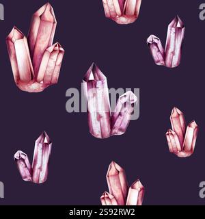 Nahtloses Muster mit handgezeichnetem Edelstein, Aquarellillustration. Agat-, Diamant- und Amethyst-Quarz-Mineral isoliert auf weißem Hintergrund Stockfoto