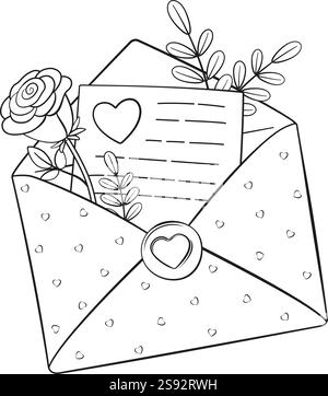 Happy Valentines Day Love Letter Doodle Style. Handgezeichnetes schwarzes und weißes isoliertes Logo. Strichgrafik. Designelement für das Tattoo des Posters mit Webgrafik. Malseitenkunst-Therapie Stock Vektor