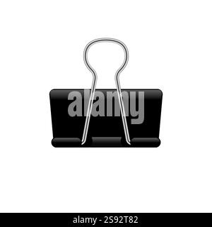 Realistisch wie Büroklammern. Vektor schwarze Binderclips, Papierhalter, Büropapier. Bürozubehör oder Schulausstattung. Stock Vektor