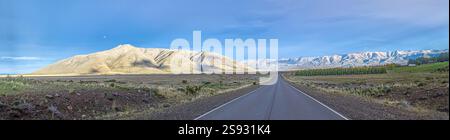 Panoramablick auf eine Straße, die durch die riesige argentinische Steppe in Patagonien führt, mit goldenem Licht während des Tages Stockfoto