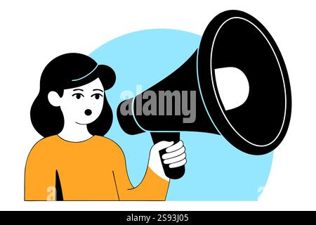 Frau, die durch Megaphon für Marketing schreit. Stock Vektor