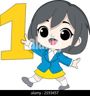 Eine fröhliche Zeichentrickfigur mit grauem Haar, trägt einen blauen Blazer und einen gelben Rock und hält fröhlich eine leuchtend gelbe Nummer Eins Stock Vektor