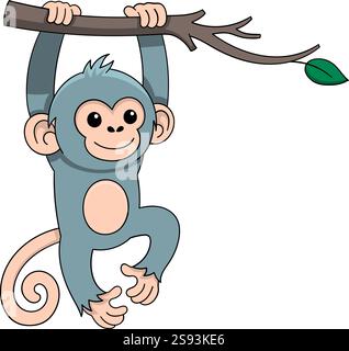 Eine fröhliche Illustration eines niedlichen Affen, der an einem Baumzweig mit einem grünen Blatt hängt und eine verspielte und energiegeladene Atmosphäre vermittelt Stock Vektor