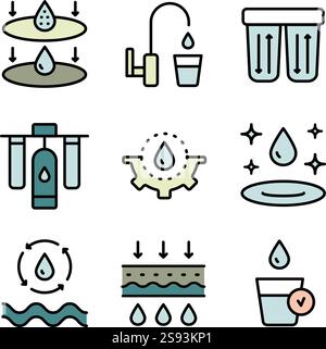 Einfacher Satz wasserbezogener Vektorfarbsymbole. Symbolgruppe Wasseraufbereitung. Sammlung der Abwasseraufbereitung. Osmose und Entsalzung. Filtration Pro Stock Vektor