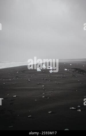 Verstreute Eisfragmente auf dem schwarzen Sand von Diamond Beach, Süd-Island. Stockfoto