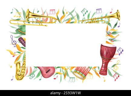 Aquarellfarben Karnevalsmusik Percussion- und Bläserinstrumente, musikalische Noten zwischen abstrakten farbigen Laub-Rechteckrahmen. Mardi Grass Stockfoto