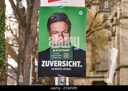 Stuttgart, Baden-Württemberg, Deutschland - 23. Januar 2025: Wahlplakat in Stuttgart der Partei Bündnis 90 / die grünen zur Bundestagswahl 2025. Robert Habeck in Stuttgart. Vertrauen. Eine Person. Ein Wort. Der Grüne Politiker besucht Stuttgart am 25.01.2025 im Rahmen seiner Wahlkampfreise in die Carl-Benz-Arena. *** Wahlplakat in Stuttgart der Partei Bündnis 90 / die grünen zur Bundestagswahl 2025. Robert Habeck in Stuttgart. Zuversicht. Ein Mensch. Ein Wort. Der Grünen-Politiker besucht Stuttgart am 25.01.2025 im Rahmen seiner Wahlkampftour in der Carl-Benz-Arena. Stockfoto