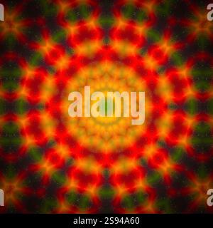 Ein einzigartiges Kaleidoskop aus einem Foto. Abstrakter Kaleidoskophintergrund. Wunderschönes psychedelisches Kreismuster. Mehrfarbige geometrische Textur Stockfoto
