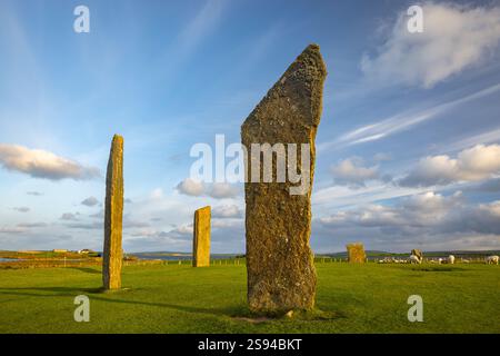 Die Standing Stones of Stenness sind ein neolithisches Denkmal in Orkney, Schottland, und sehen bei Sonnenuntergang oder Sonnenaufgang atemberaubend aus Stockfoto