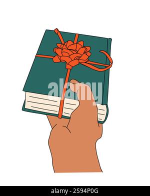 Die Hand hält ein Buch mit einer roten Schleife drauf Stock Vektor