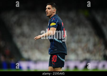 Während des UEFA Champions League-Spiels zwischen Real Madrid und Red Bull FC Salzburg spielte er am 22. Januar 2025 im Santiago Bernabeu Stadion in Madrid. (Foto: Bagu Blanco / PRESSINPHOTO) Stockfoto