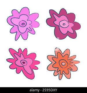Freihand-Blume formt isolierte Elemente, Clipart-Set. Handgezeichnetes Doodle-Design im Cartoon-Stil. Niedliche Einrichtung mit Blumenmuster. Pinselkontur mit Bleistift Stock Vektor