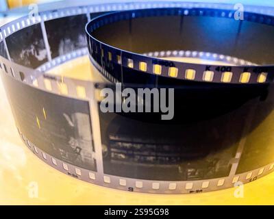 Ein zusammengefasster, analoger, negativer, Schwarzweißfilm, der zur Verarbeitung in digitale Dateien und Ausdrucke bereit ist. Tilburg, Niederlande. Stockfoto