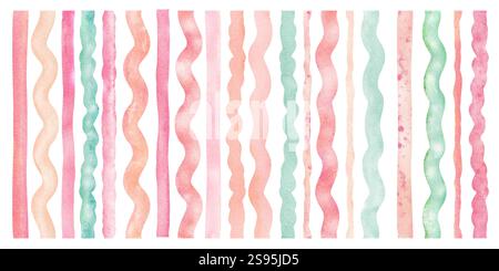 Vertikale Streifen in verschiedenen Formen und Farben. Abstraktes, wellenförmiges und gerades Band in Aquarellfarben, ein Set aus Farbfeldern in Grün, Minze und Pink auf einem Whiti Stockfoto