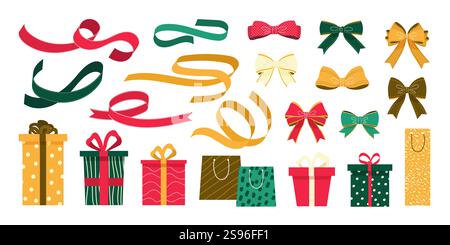 Set mit Geschenkboxen, Taschen, Bändern und Schleifen. Stock Vektor