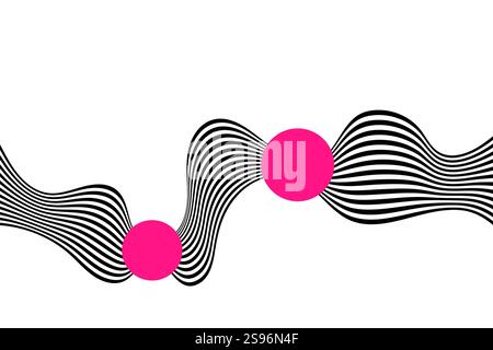 Schwarz-auf-weiß-Bild, abstrakte perspektivische Wellenstreifen mit 3D-Effekt, isoliert auf weiß. Winken Sie mit rosa Kreisen. Stockfoto
