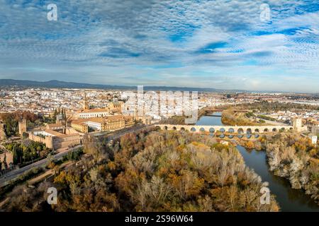 Aus der Vogelperspektive von Cordoba Spanien, römische Brücke über den Fluss Guadalquivir, Calahorra-Turm, Alcazar, Moschee-Kathedrale, mittelalterliches Stadtzentrum Stockfoto