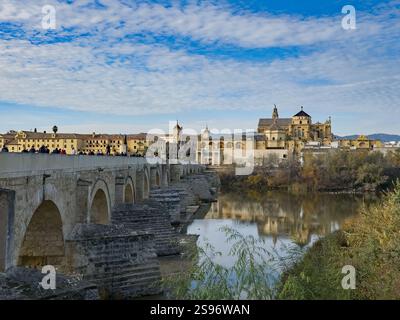 Cordoba Römische Brücke über den Fluss, Moschee Kathedrale im Hintergrund in Spanien Stockfoto
