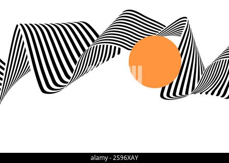 Schwarze wellenförmige Linien auf weißem Hintergrund mit orangefarbenen Kreisen. Stockfoto