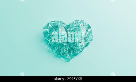 Ein türkisfarbenes Glasherz auf türkisfarbenem Hintergrund. Glasbruch als Symbol für gebrochenes Herz. Schluss, Scheidungskonzept. 3D-Rendering Stockfoto