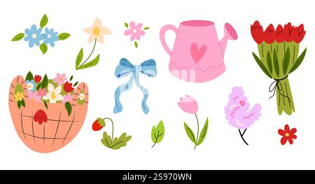 Federsatz handgezogener Elemente. Süße Frühlingsblumen. Frühlingsblumen-Set Stock Vektor
