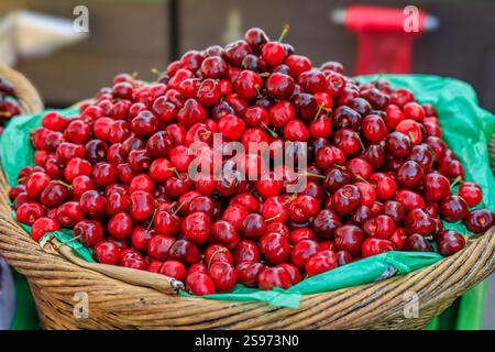 Heaps of fresh red cherries displayed in a wicker basket on a stand at a farmers market in San Francisco, California Stockfoto