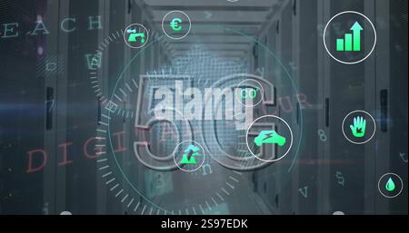 Abbildung: 5g-Text, ECO-Symbole und Datenverarbeitung über Computerserver Stockfoto