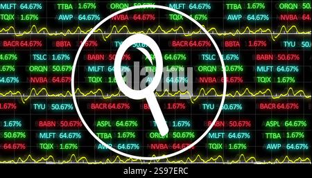 Vergrößerungsglas über schwankenden Börsendaten mit verschiedenen Ticker-Symbolen Stockfoto